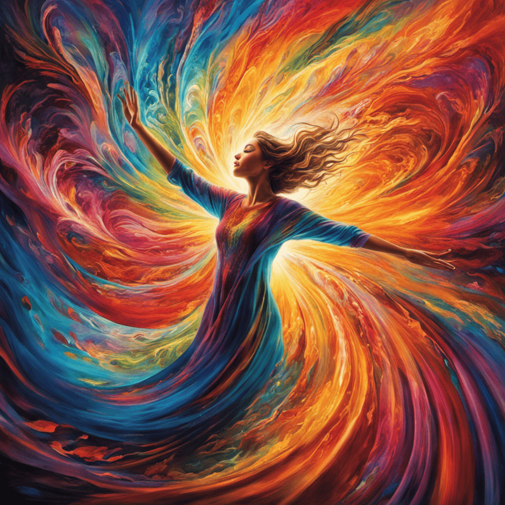 An image depicting a person surrounded by vibrant, swirling colors, their hands outstretched, visualizing a radiant beam of light flowing through their body, cleansing their aura of negative energies