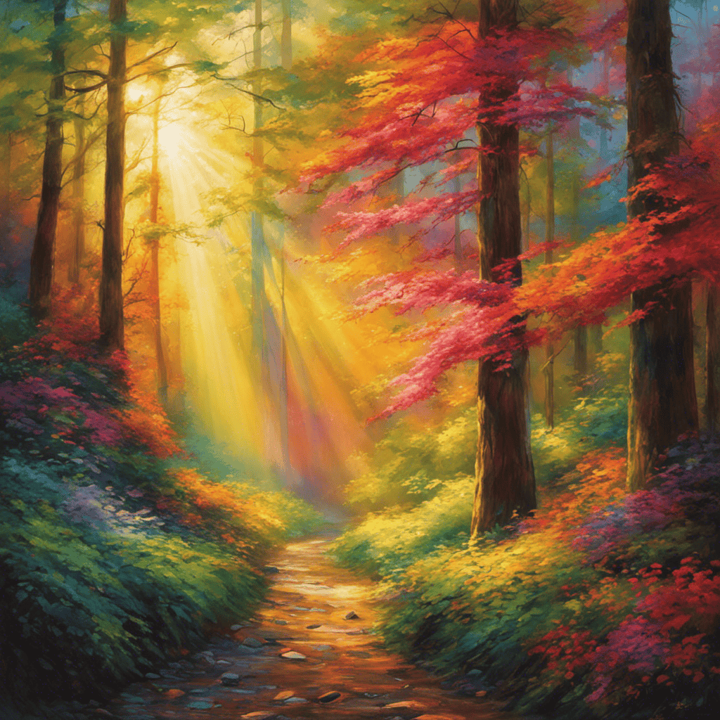 An image that showcases a serene setting: a person surrounded by vibrant, swirling colors, as delicate rays of sunlight penetrate a lush forest, illuminating them