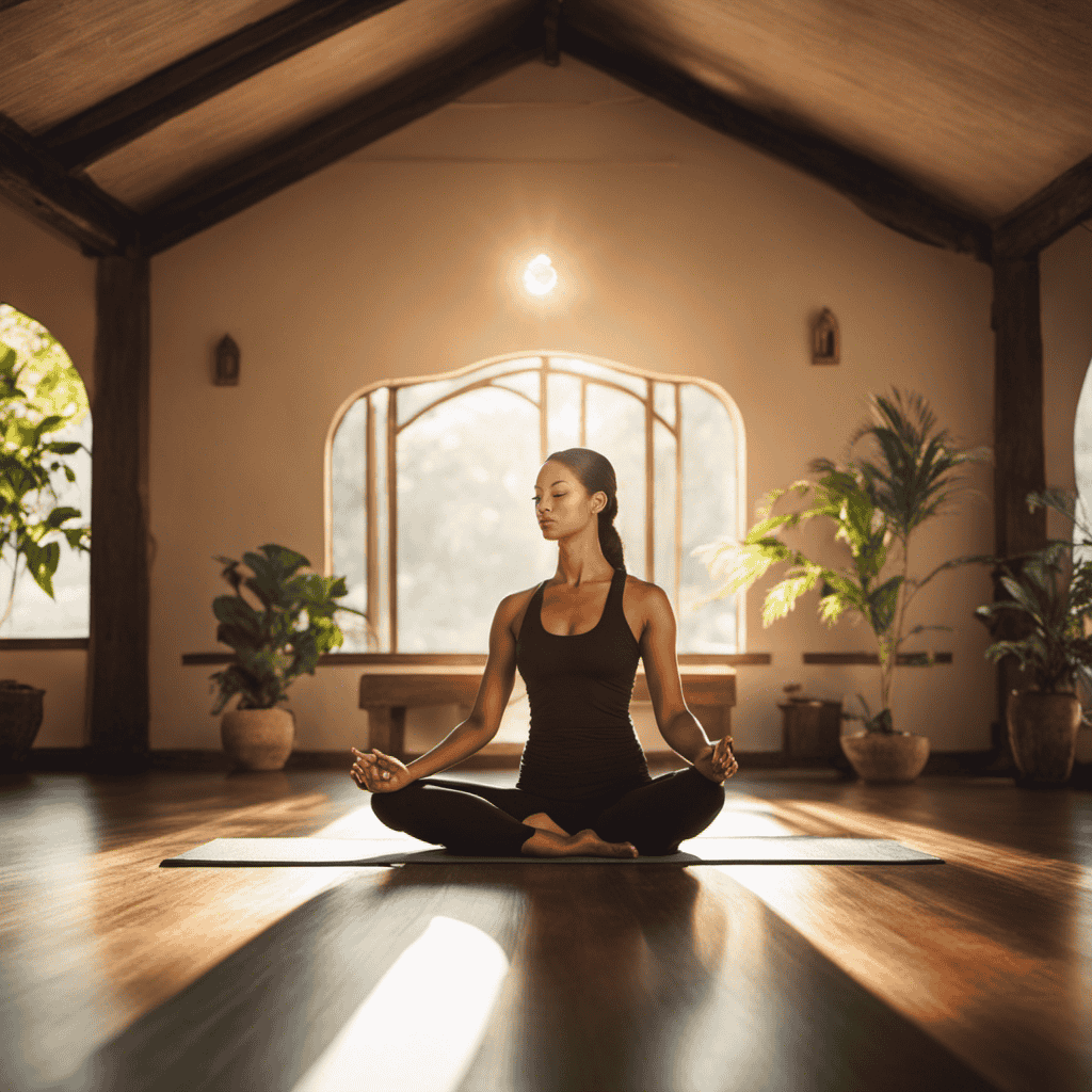 An image showcasing a serene yoga studio, softly lit by natural sunlight