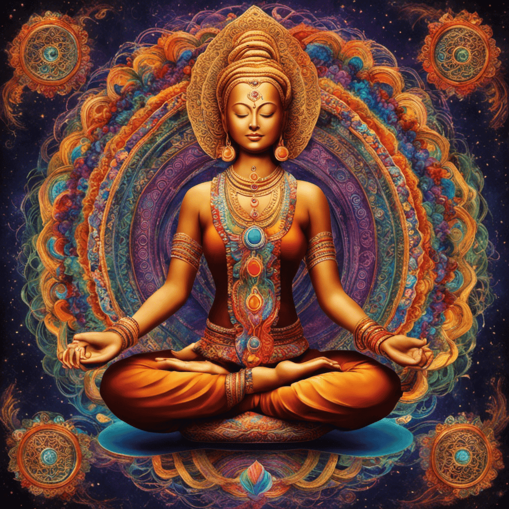 An image showcasing a serene yogi in a lotus position, surrounded by vibrant energy spiraling up their spine