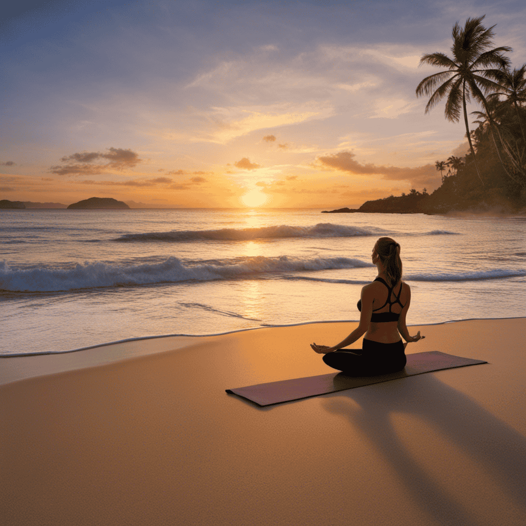 An image showcasing a serene sunrise setting, with a person peacefully practicing yoga on a secluded beach, surrounded by calm waves and gentle palm trees, capturing the essence of incorporating yoga into a daily routine