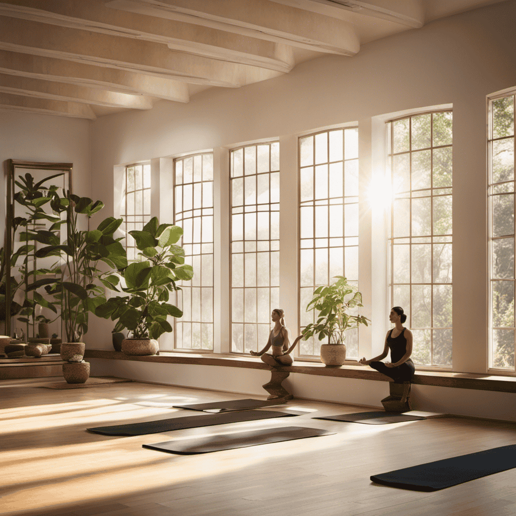 An image depicting a serene yoga studio with soft natural light filtering through large windows, casting gentle shadows on a group of diverse practitioners gracefully flowing through a sequence of Hatha and Kundalini poses