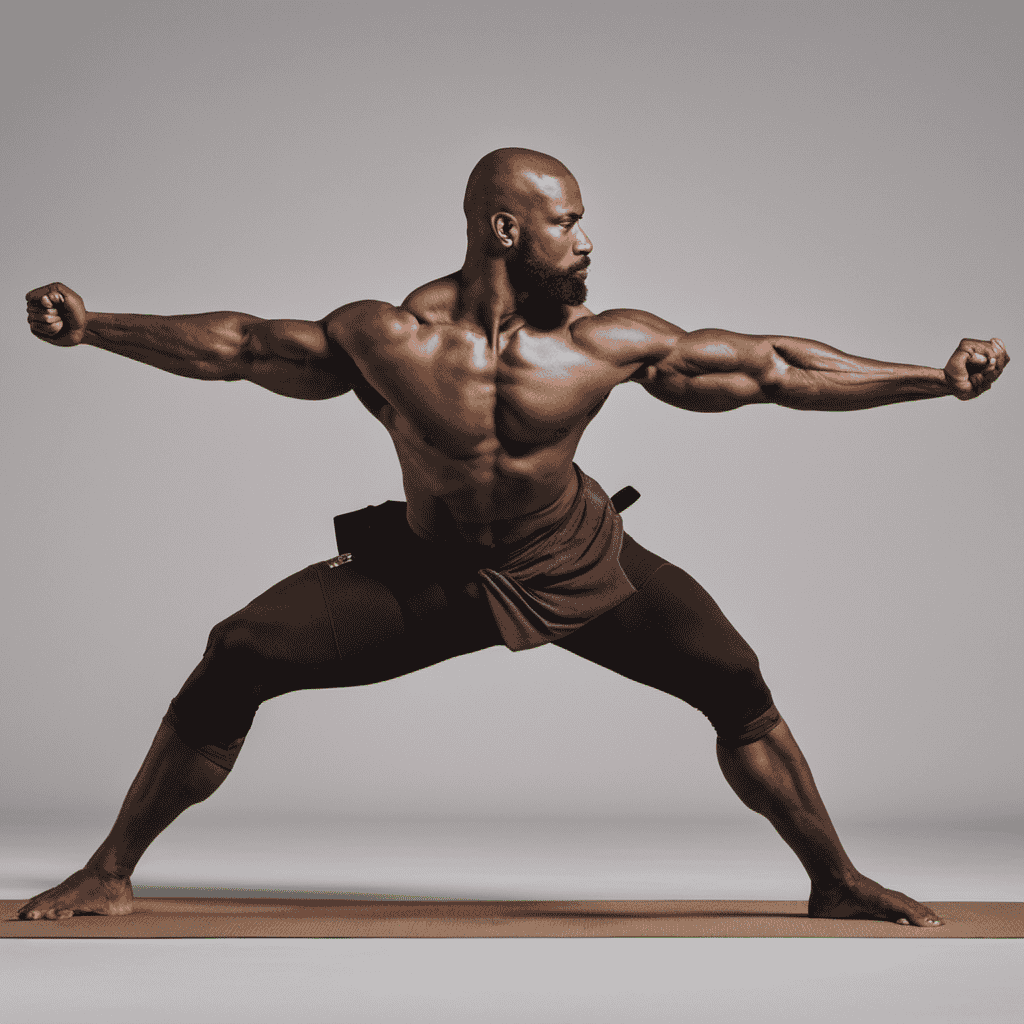 An image capturing a yogi in a powerful Warrior II pose, with arms outstretched, chest lifted, and front knee bent at a 90-degree angle, showcasing both strength and flexibility