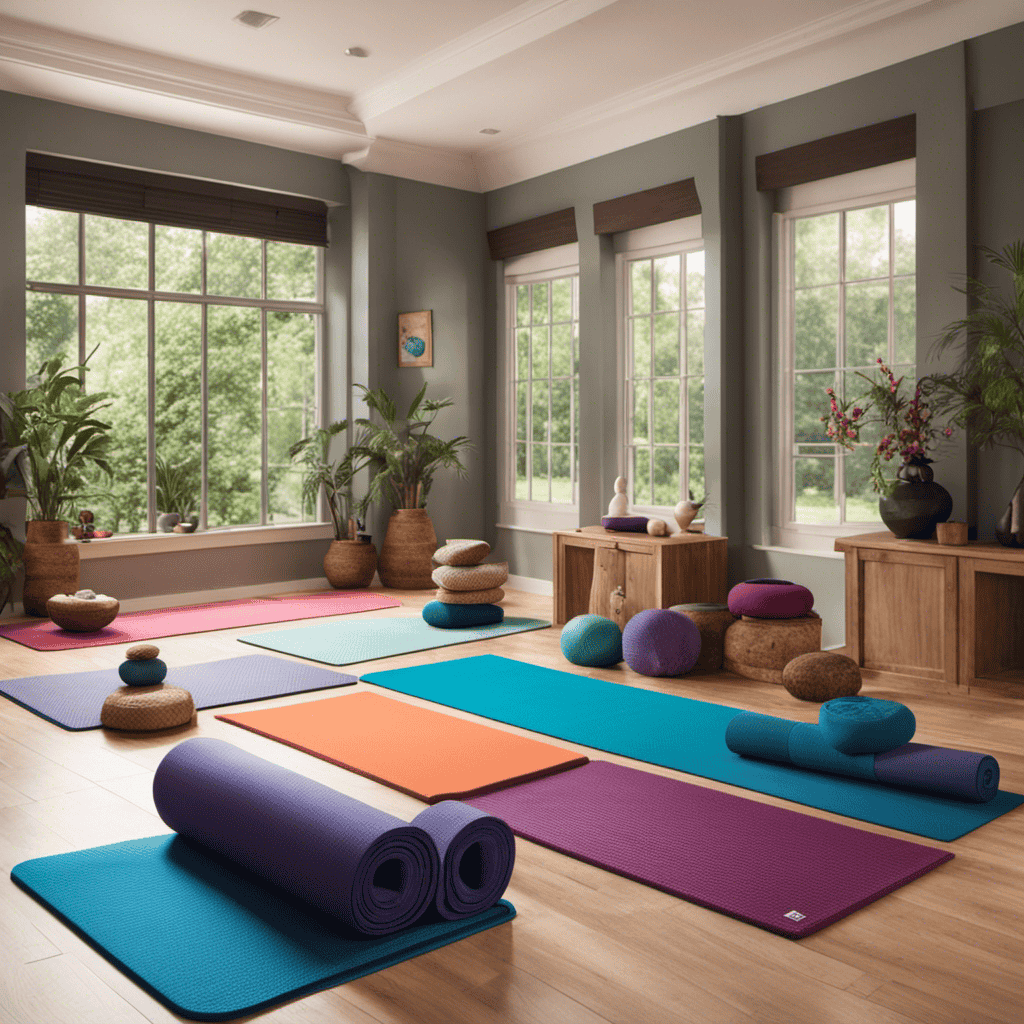 An image showcasing a serene yoga studio, with a vibrant mat unrolled in the center, surrounded by props like blocks, straps, and bolsters neatly arranged nearby, inviting beginners to embark on their yoga journey