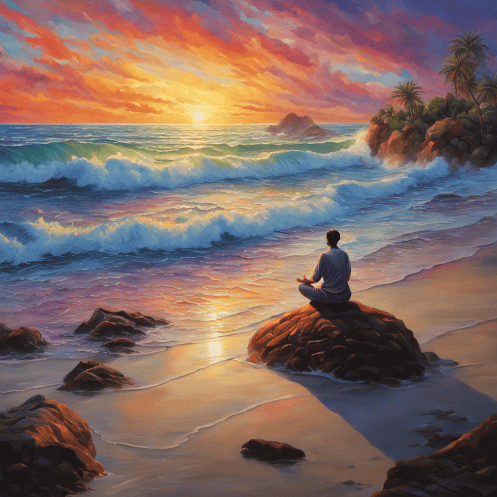 An image depicting a serene beach at sunset, with a solitary figure meditating on a rock, surrounded by a vibrant rainbow shimmering overhead, symbolizing the profound connection between spirituality and emotional resilience
