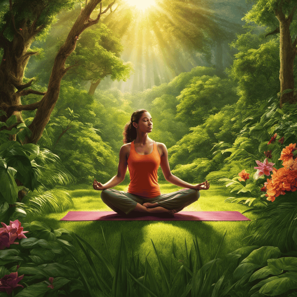 An image that depicts a serene nature scene where a person performs yoga, surrounded by vibrant greenery, with sunlight streaming through the trees, evoking a sense of peace and harmony between spirituality and physical well-being