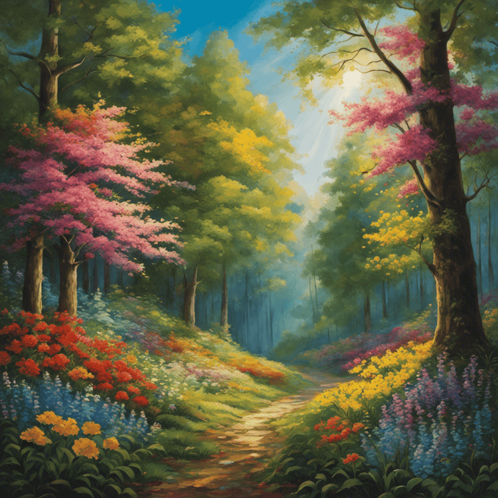 An image that portrays a serene, sunlit forest clearing, with vibrant flowers blooming, surrounded by towering trees