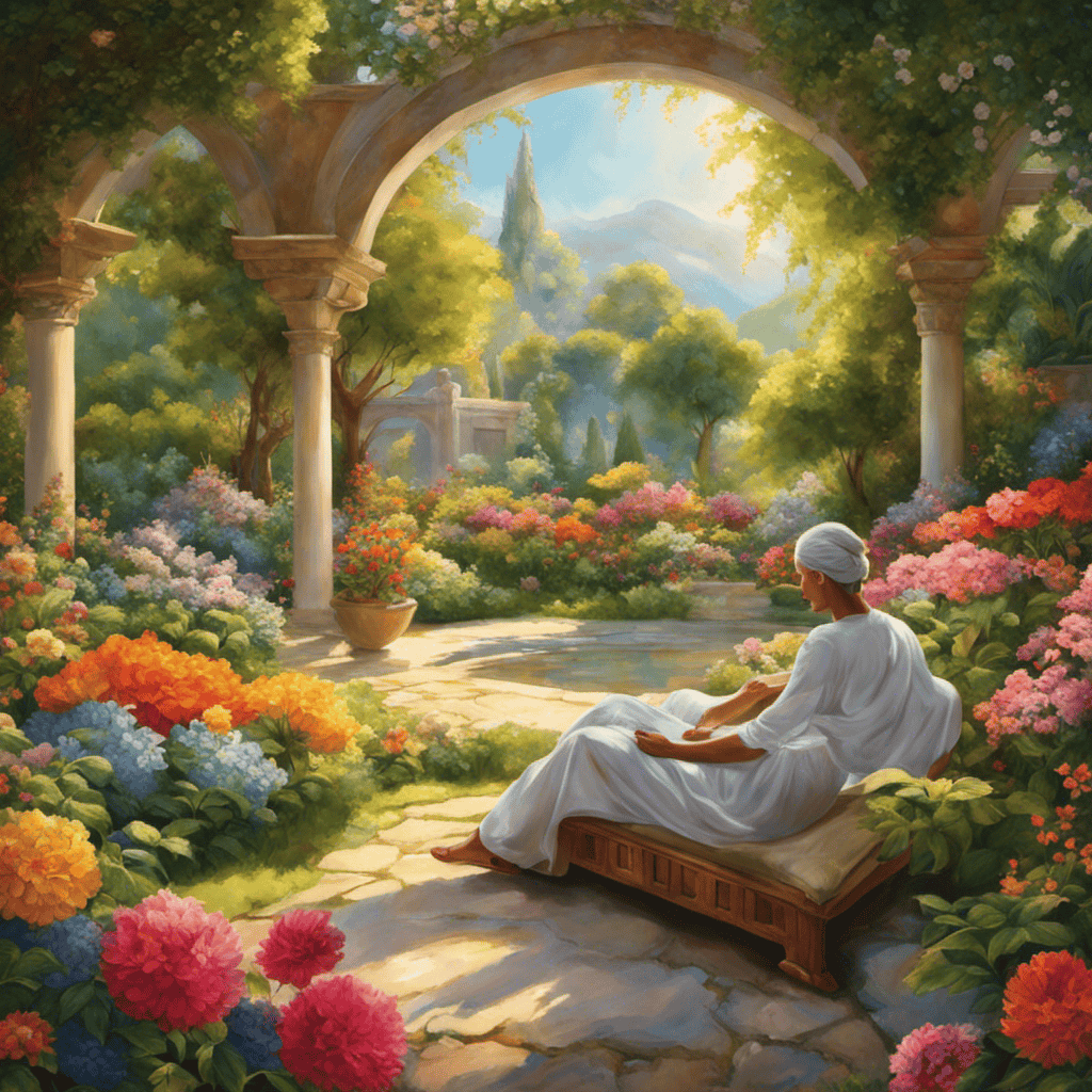 An image of a serene garden, bathed in soft sunlight, with a person meditating on a cushion, surrounded by vibrant flowers, their body in a relaxed pose, emanating a gentle glow of tranquility and inner peace