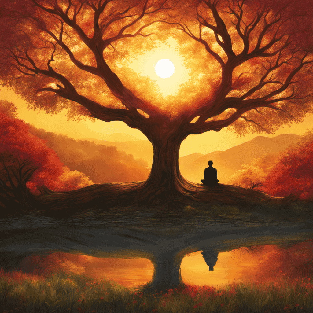 An image showcasing a serene, sun-kissed landscape where a solitary figure meditates beneath a majestic tree, their face illuminated by a divine glow