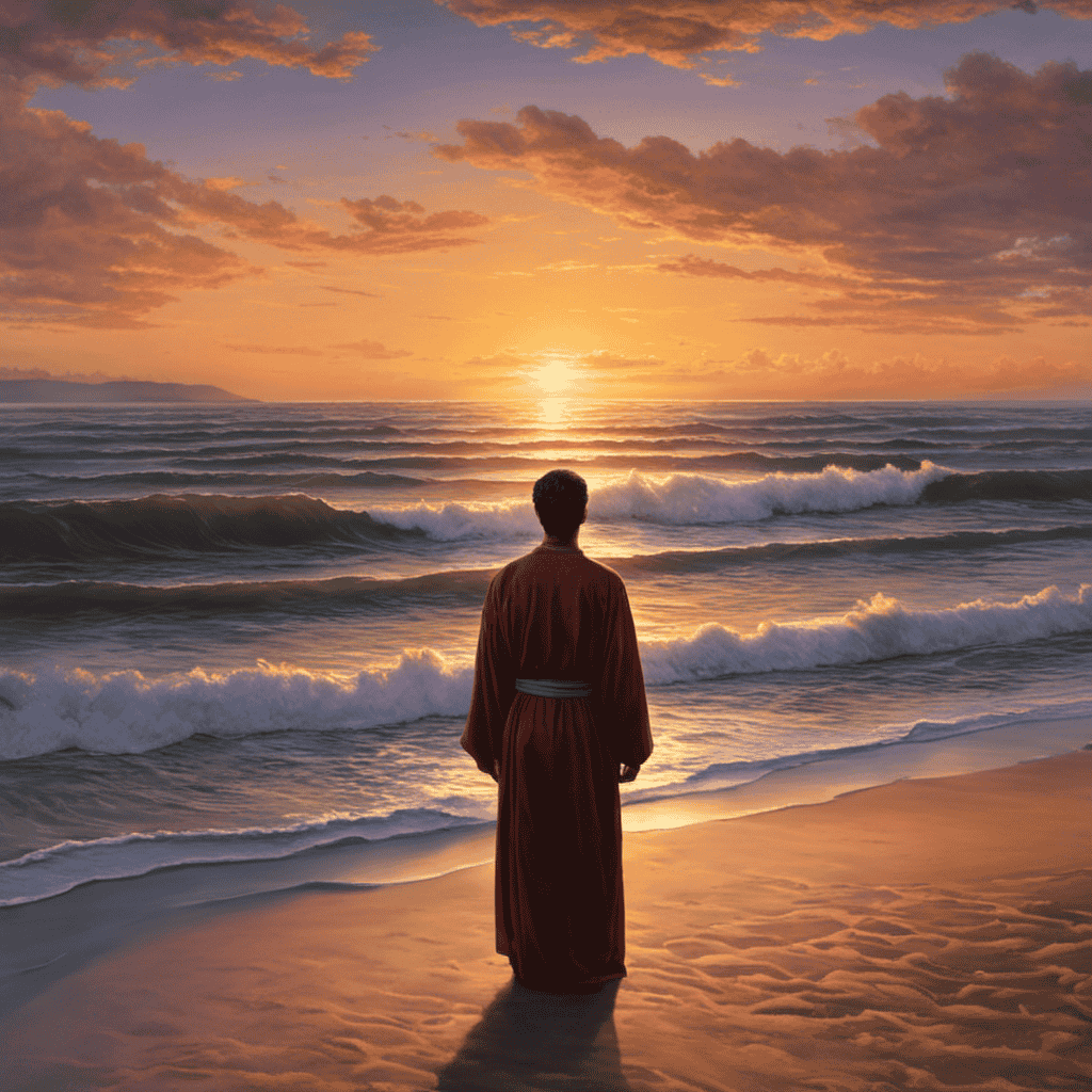 An image capturing a serene sunset over a tranquil beach, where a solitary figure contemplates their surroundings, symbolizing the profound connection between spirituality and purpose, as they seek meaning and fulfillment in life