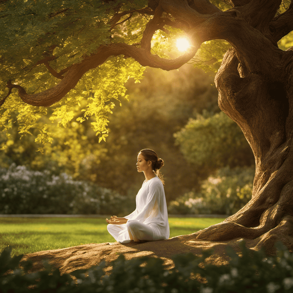 An image showcasing a tranquil garden bathed in soft, golden sunlight, where a serene figure practices meditation beneath a majestic tree, symbolizing the profound link between spirituality and stress management for cultivating inner peace