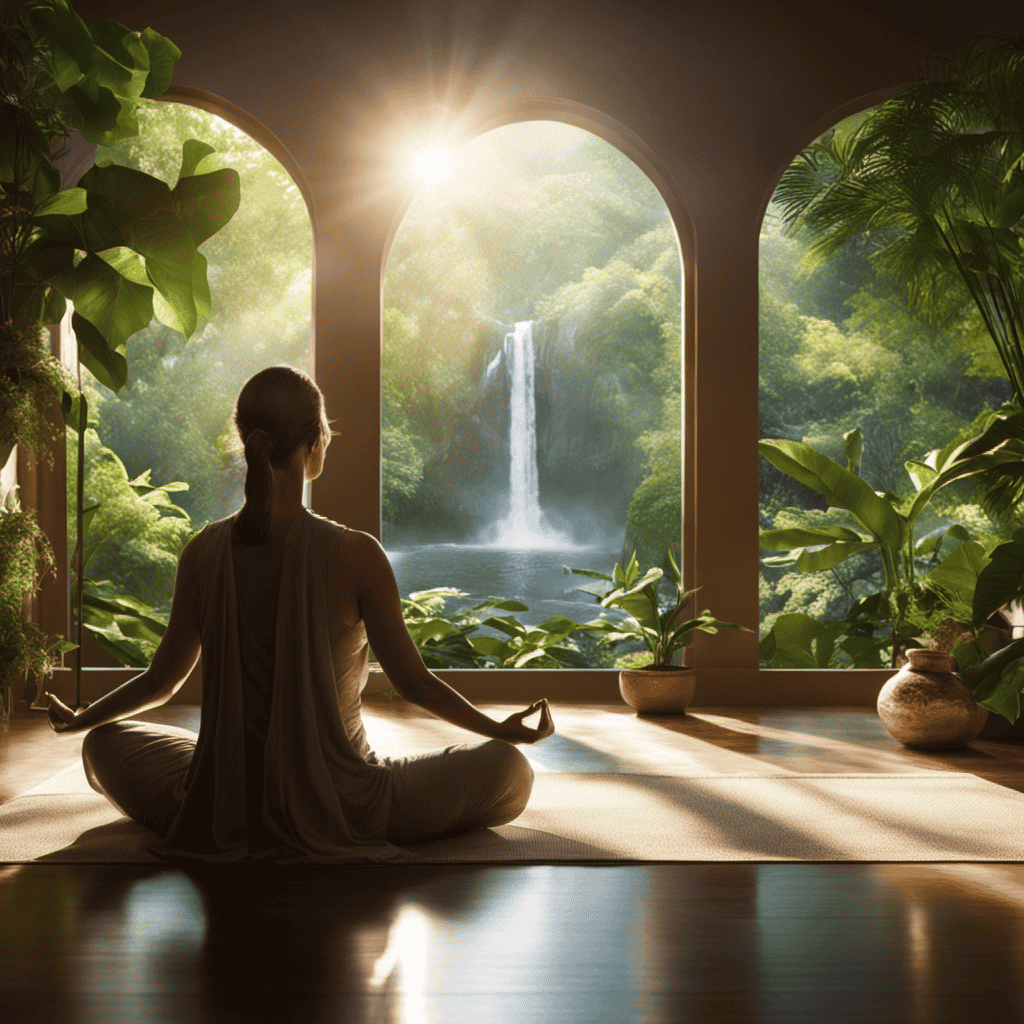 An image of a serene, sunlit room with a person meditating, surrounded by elements of nature like plants and a flowing waterfall