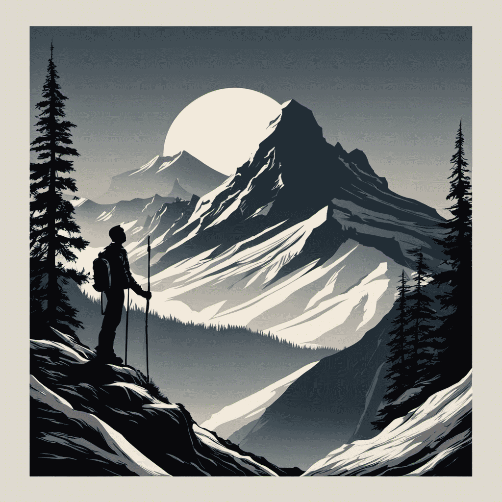 An image that depicts a silhouette of a person, standing at the base of a towering mountain