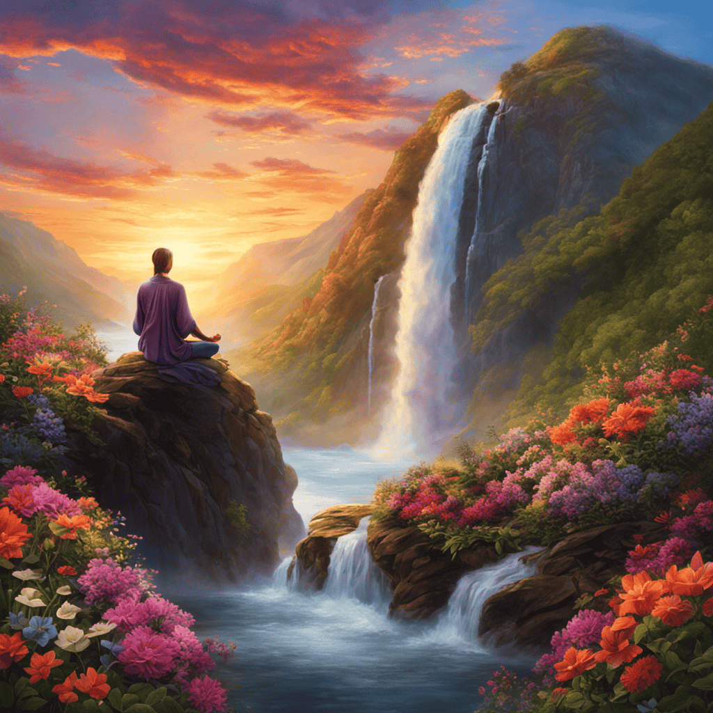 An image that depicts a person meditating on a mountaintop at sunrise, surrounded by vibrant flowers and a serene waterfall, symbolizing the transformative journey of personal growth in spiritual development