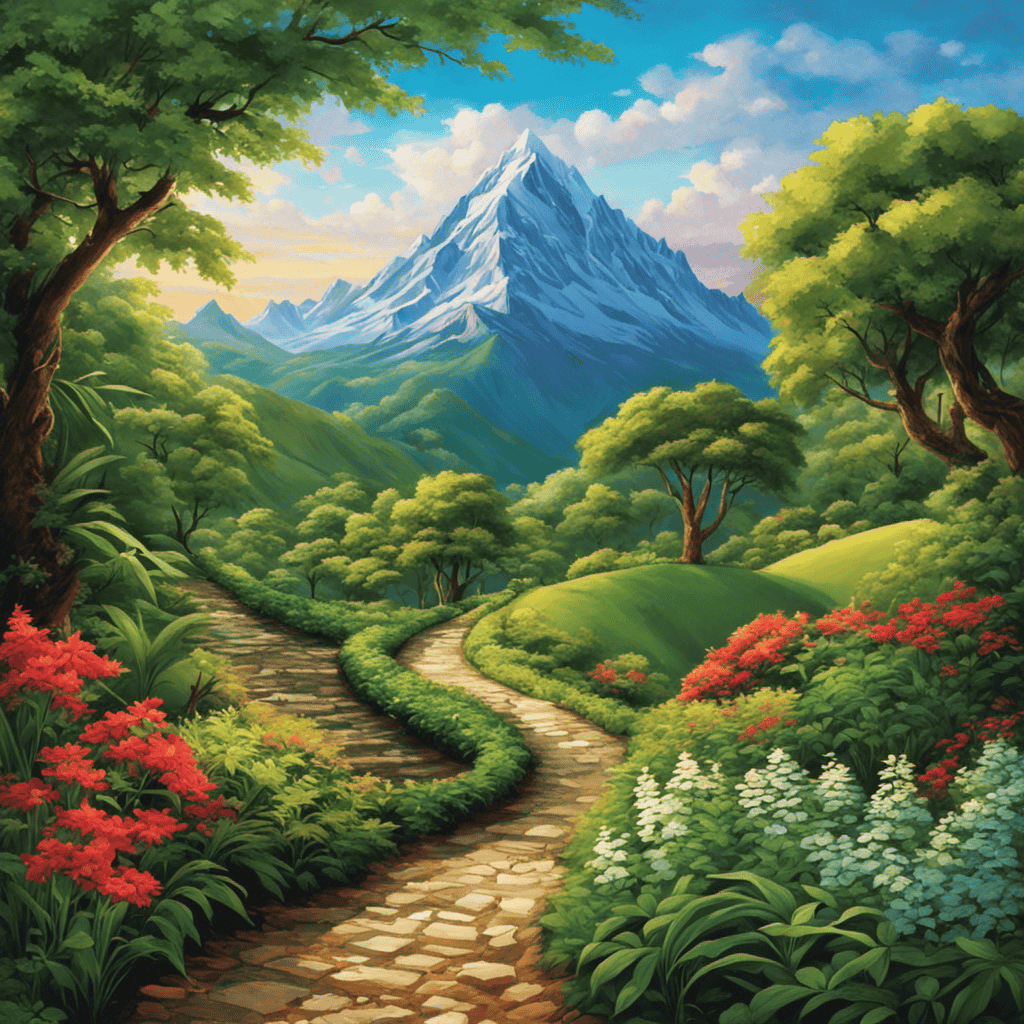 An image featuring a winding path surrounded by lush greenery, leading to a majestic mountain peak