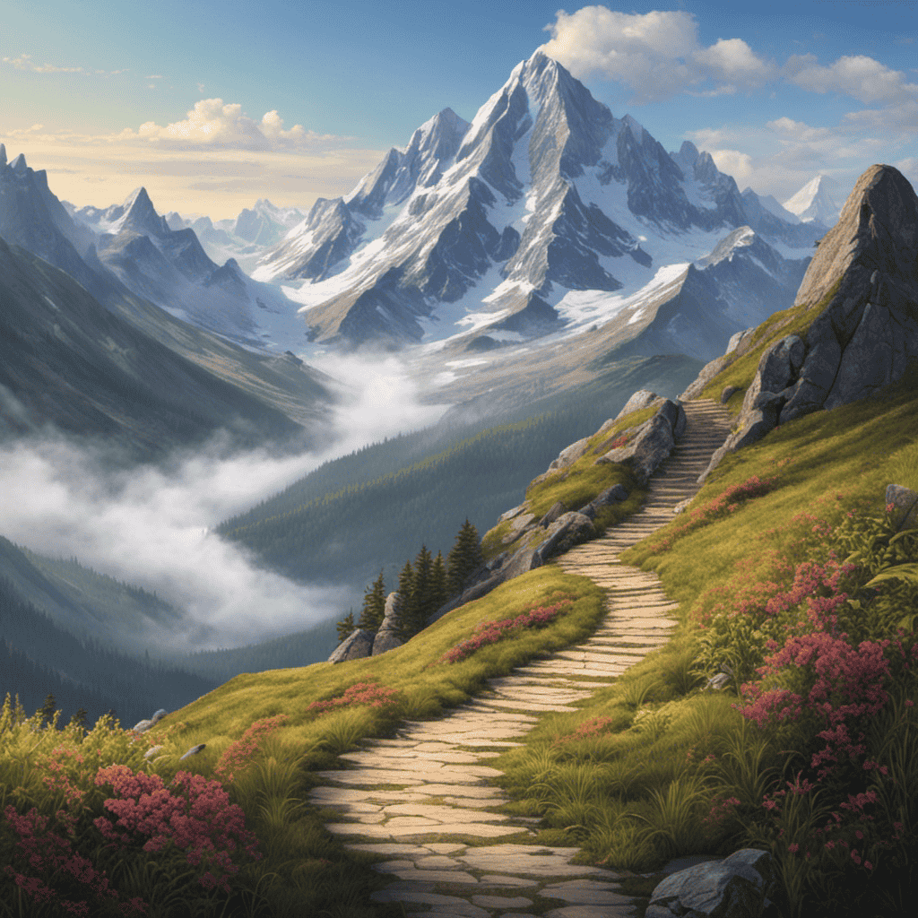 An image depicting a serene mountain landscape, with a winding path leading towards the summit