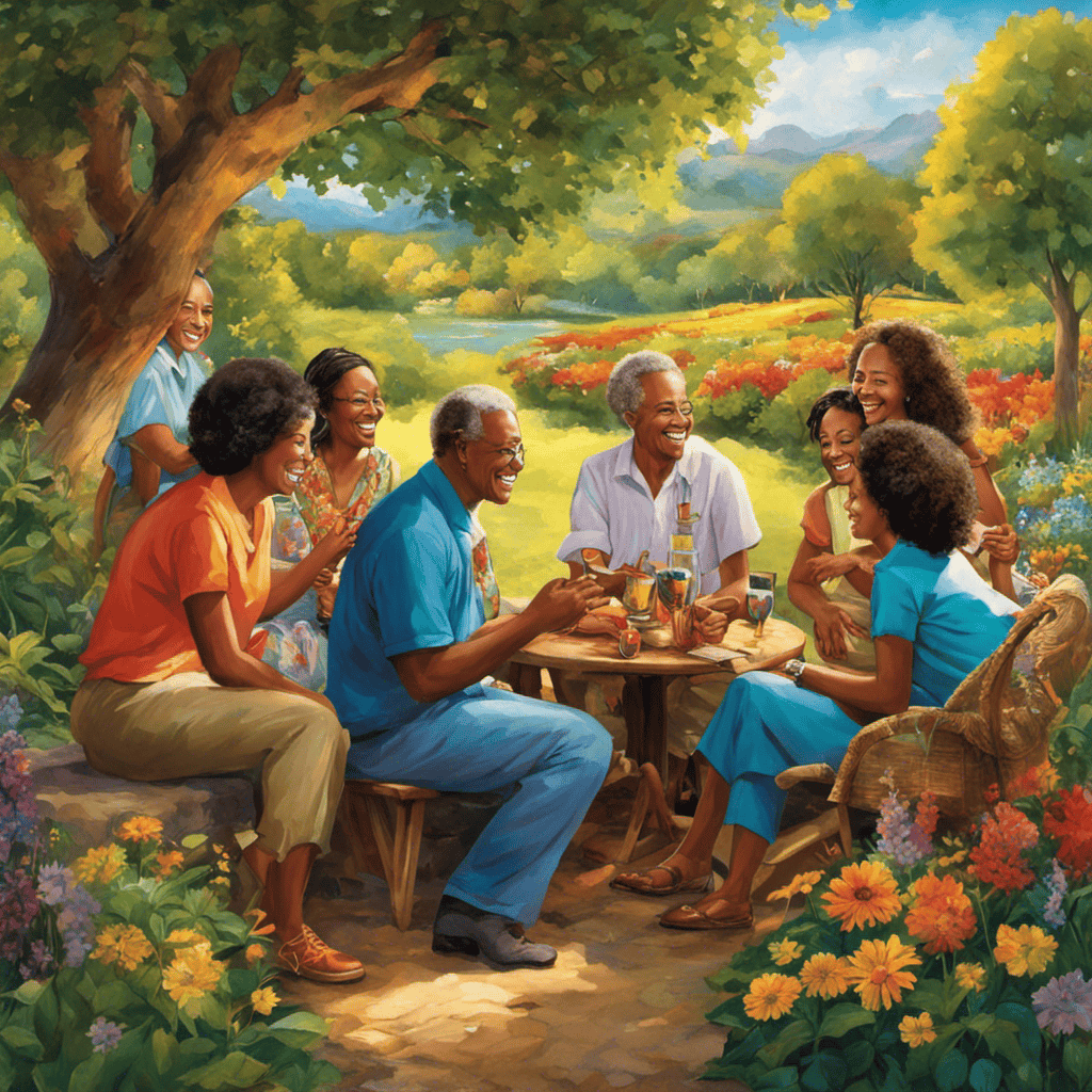 An image featuring a diverse group of individuals engaged in meaningful conversations, laughter, and warm embraces, surrounded by vibrant surroundings and serene nature, symbolizing the vital role of nurturing relationships and social connections in personal growth