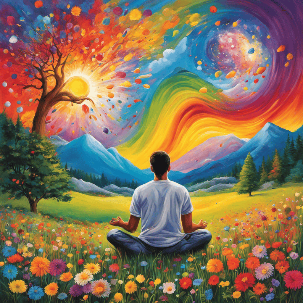 An image of a person sitting in a serene meadow, eyes closed, surrounded by a vivid explosion of colorful thoughts and ideas, symbolizing the limitless potential of visualization in stimulating inspiration