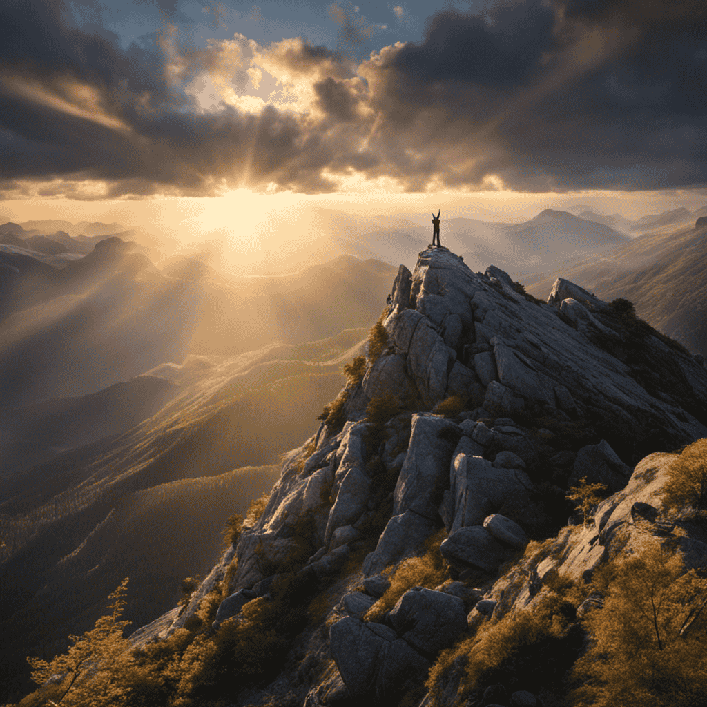 An image capturing a leader standing atop a mountain, arms outstretched towards the sky, as a ray of light shines down, illuminating the surrounding landscape and inspiring others to follow their lead