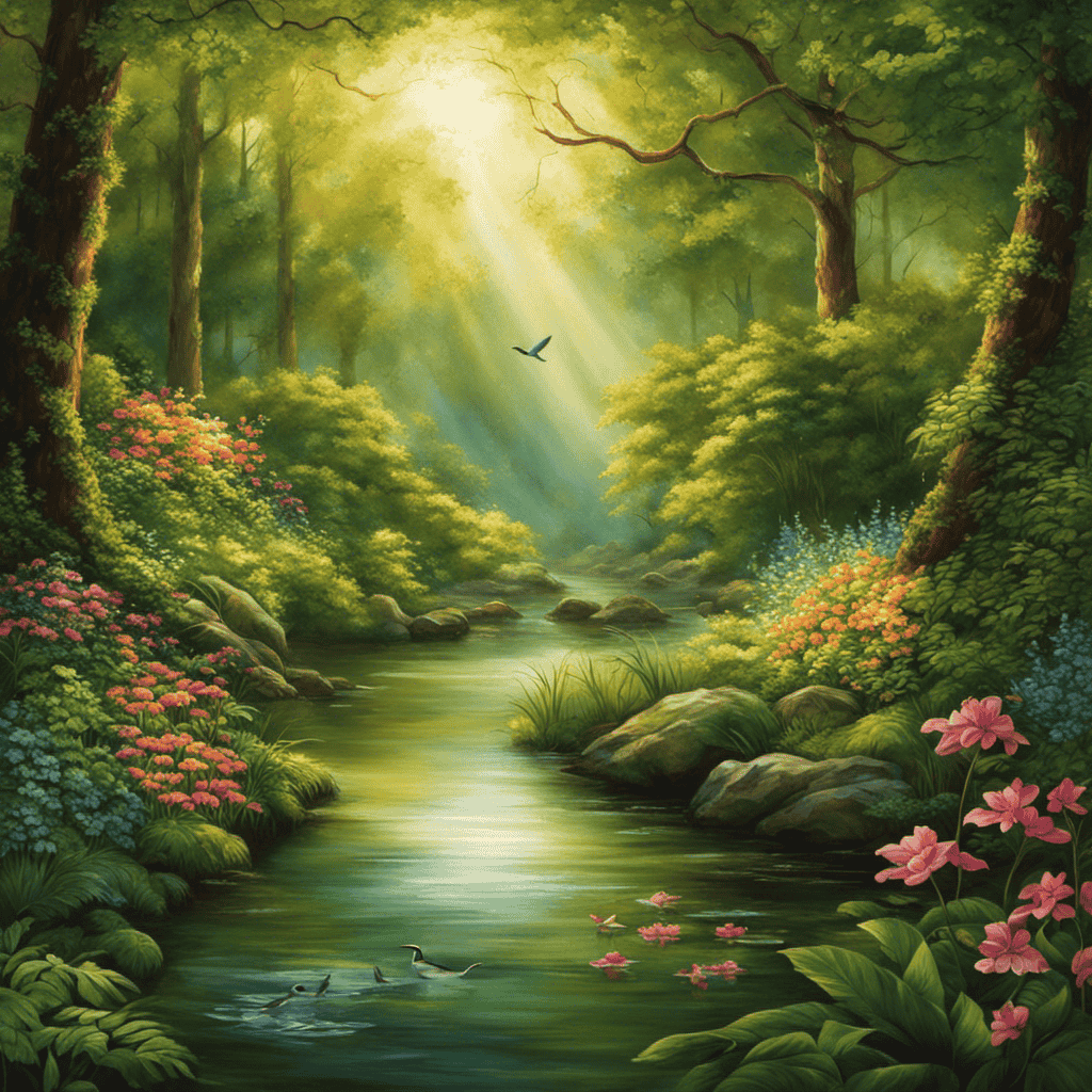 An image showcasing a tranquil forest with sunlight filtering through lush green foliage, casting a warm glow on a serene river