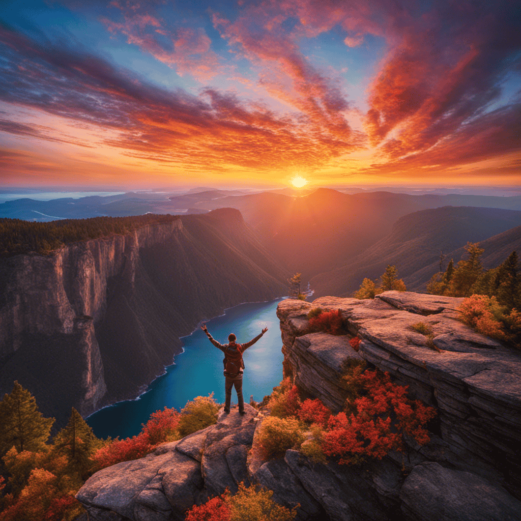 An image of a person standing on the edge of a cliff, arms raised in triumph, surrounded by a breathtaking sunrise