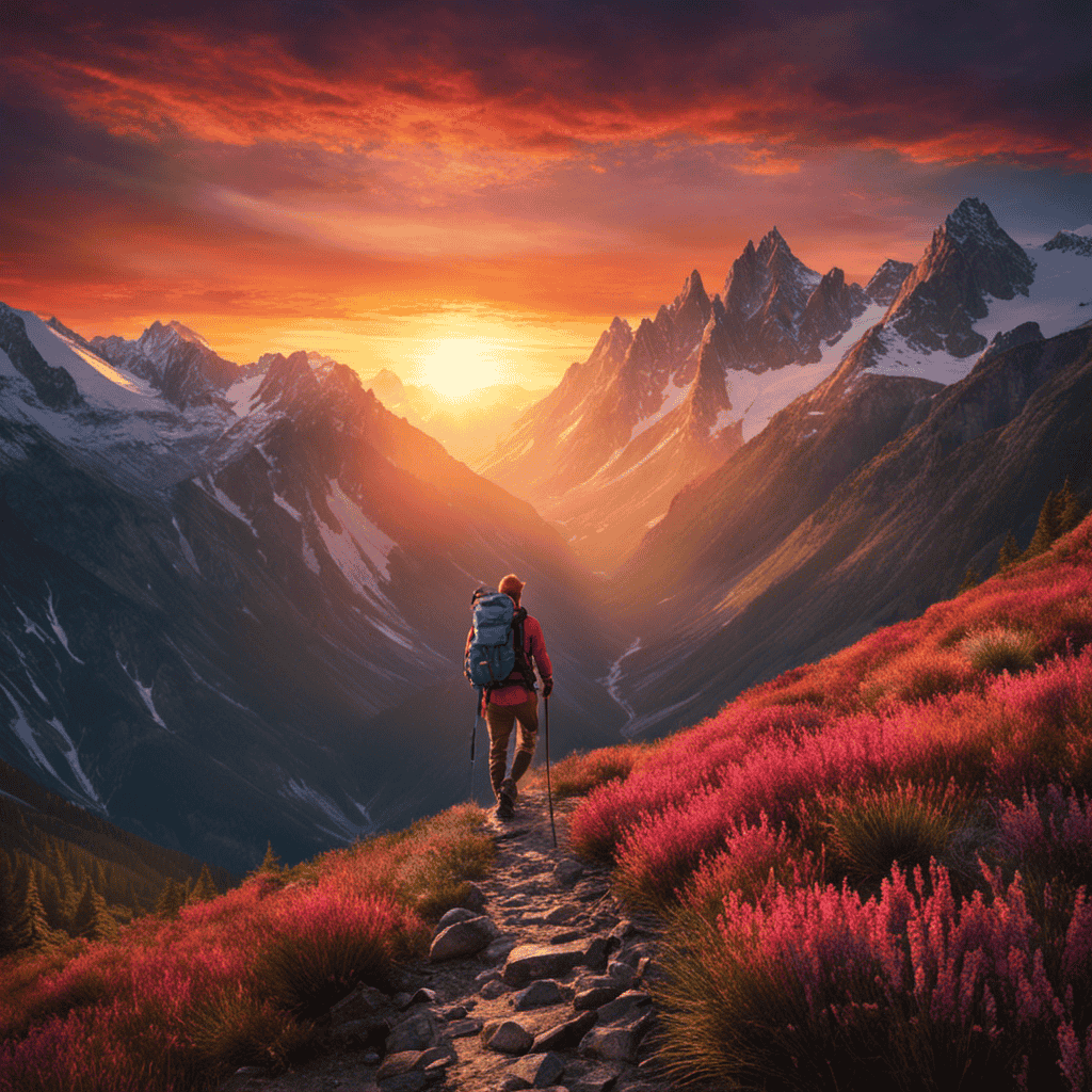 An image depicting a lone hiker, surrounded by towering mountains and a vibrant sunrise, as they conquer a challenging trail