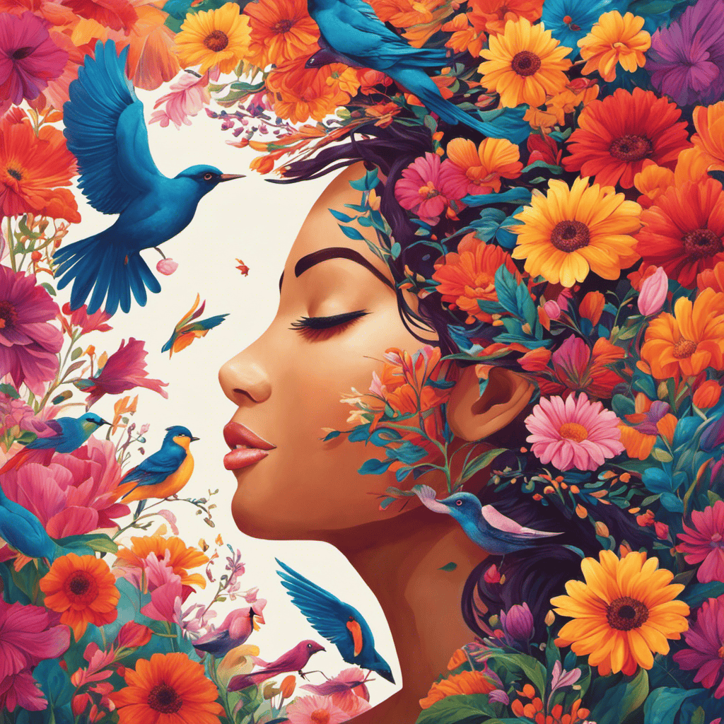 An image showcasing a person immersed in vibrant colors, surrounded by blooming flowers and soaring birds, as they engage in a creative activity, symbolizing the transformative and healing impact of inspiration on mental well-being