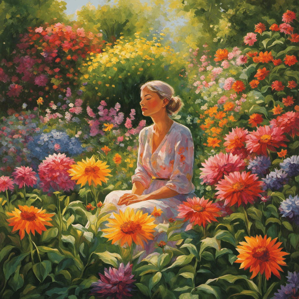 An image capturing a person immersed in a vibrant garden, surrounded by blooming flowers and basking in the warm sunlight, radiating a serene and contented expression, symbolizing the transformative impact of inspiration on mental well-being