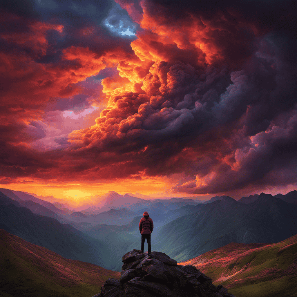 An image depicting a person standing on a mountaintop, their face illuminated by a vibrant sunrise, while a dark storm cloud looms in the background, symbolizing the intricate interplay between inspiration and mental health