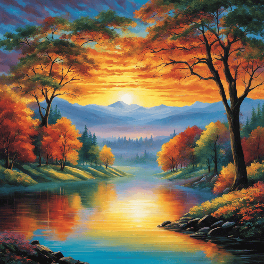 An image capturing a vibrant sunrise over a serene landscape, where rays of light pierce through misty trees, symbolizing the transformative power of inspiration on mental health and the boundless creativity it ignites
