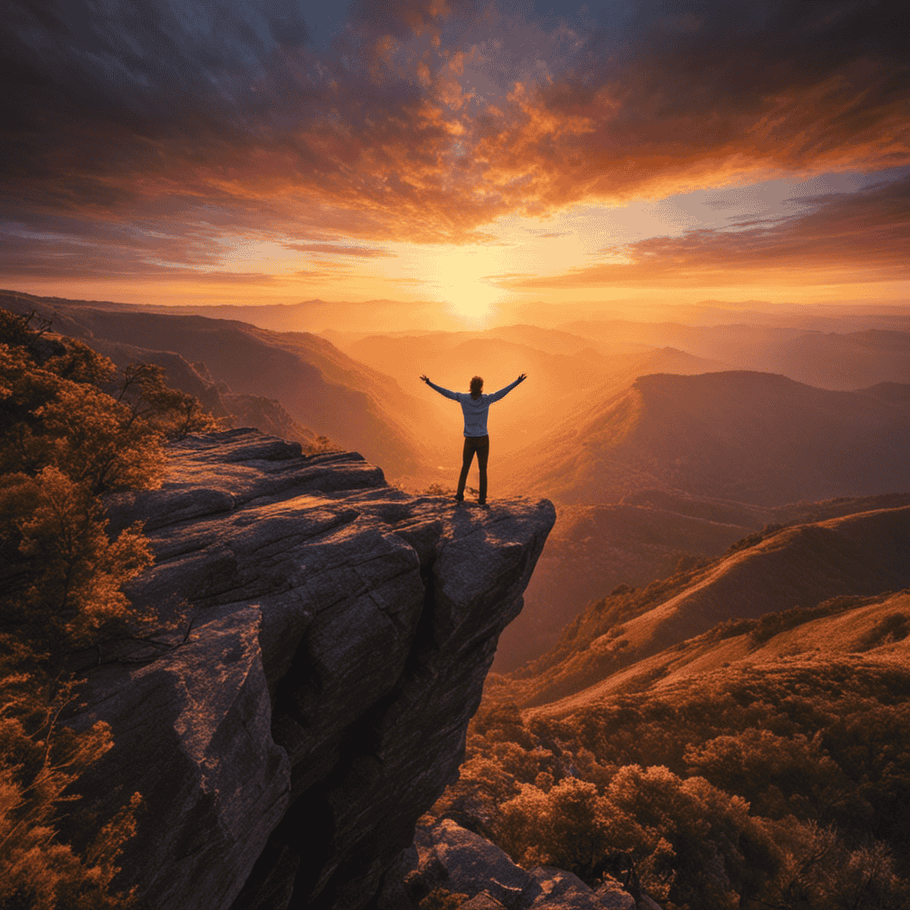 An image of a person standing on the edge of a cliff, facing a breathtaking sunrise, with their arms outstretched and a radiant smile on their face, symbolizing the empowering effect of inspiration on mental resilience