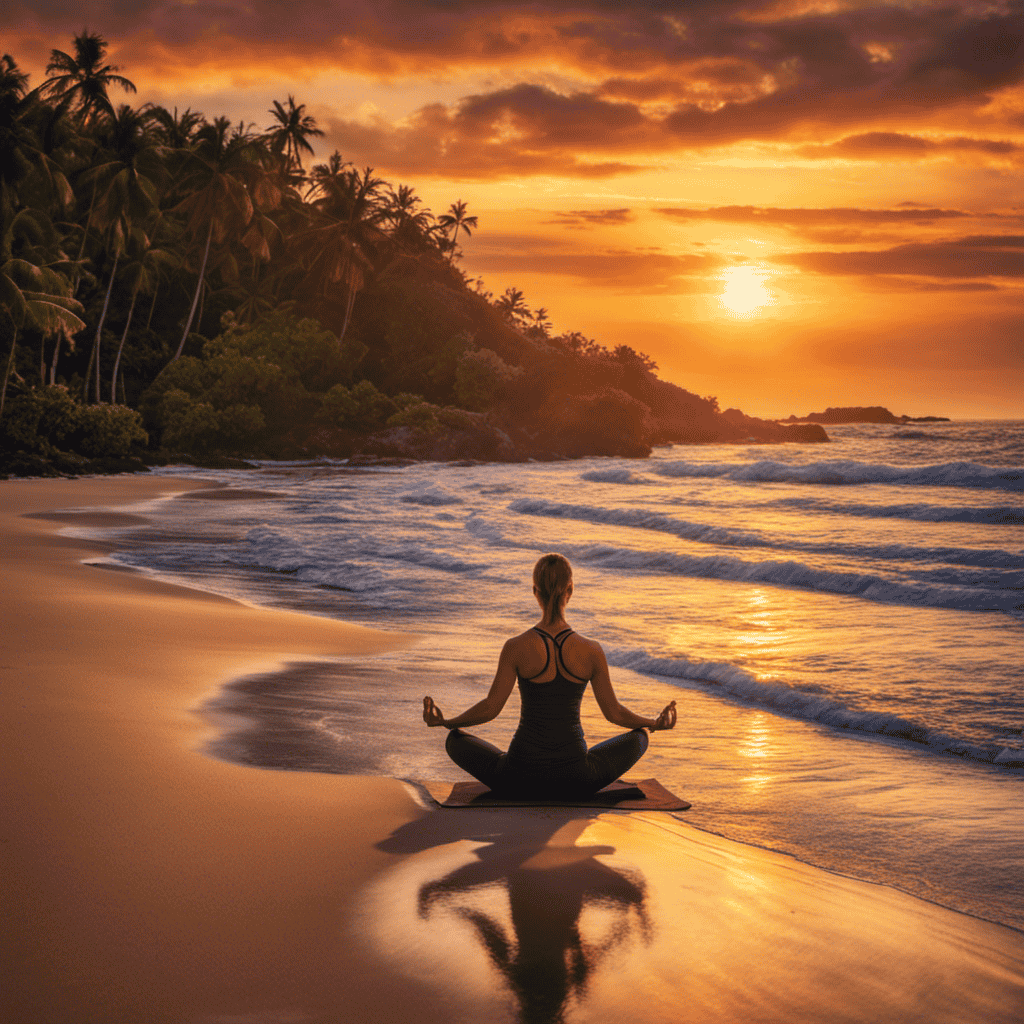 An image featuring a vibrant sunrise over a serene beach, casting a warm golden glow upon a person practicing yoga, their body in a graceful pose, symbolizing the power of inspiration in fostering tranquility and mental well-being
