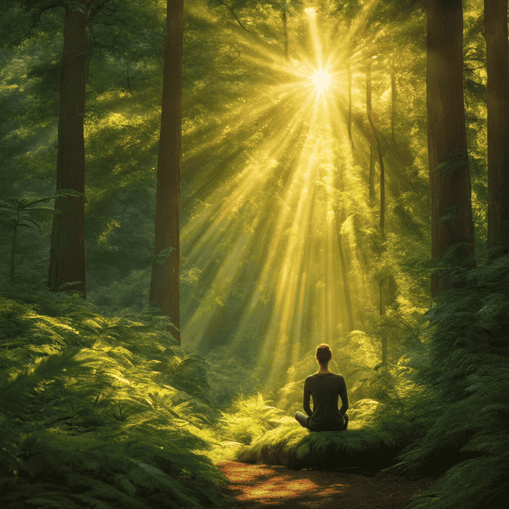 An image capturing a person amidst a lush forest, basking in golden sunlight filtering through the trees