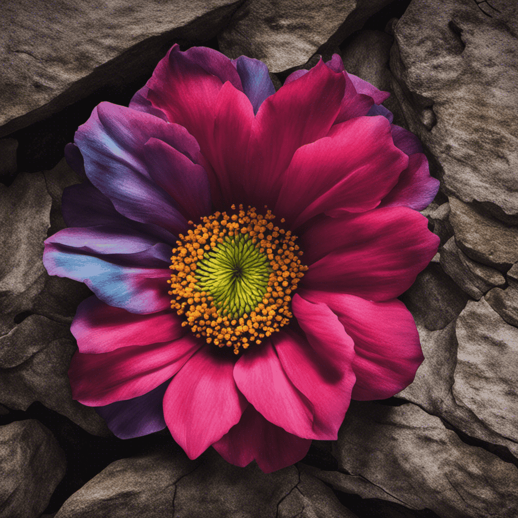 An image showcasing a delicate, blooming flower emerging from a cracked, weathered stone