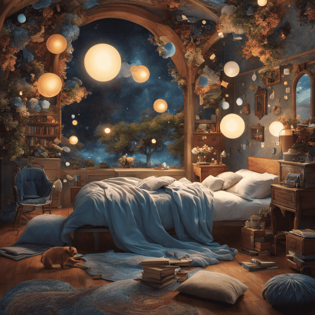 An image depicting a peaceful bedroom scene, with a person sleeping soundly, surrounded by thought bubbles filled with intricate puzzles and solutions, symbolizing the profound impact of dreams on problem-solving abilities