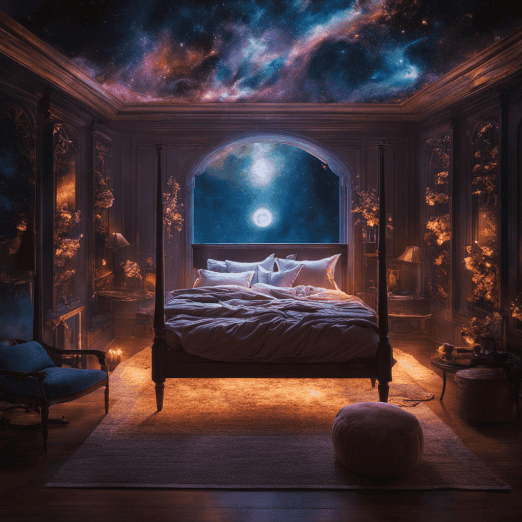 An image featuring a serene bedroom scene with a sleeping person surrounded by a vibrant, ethereal aura