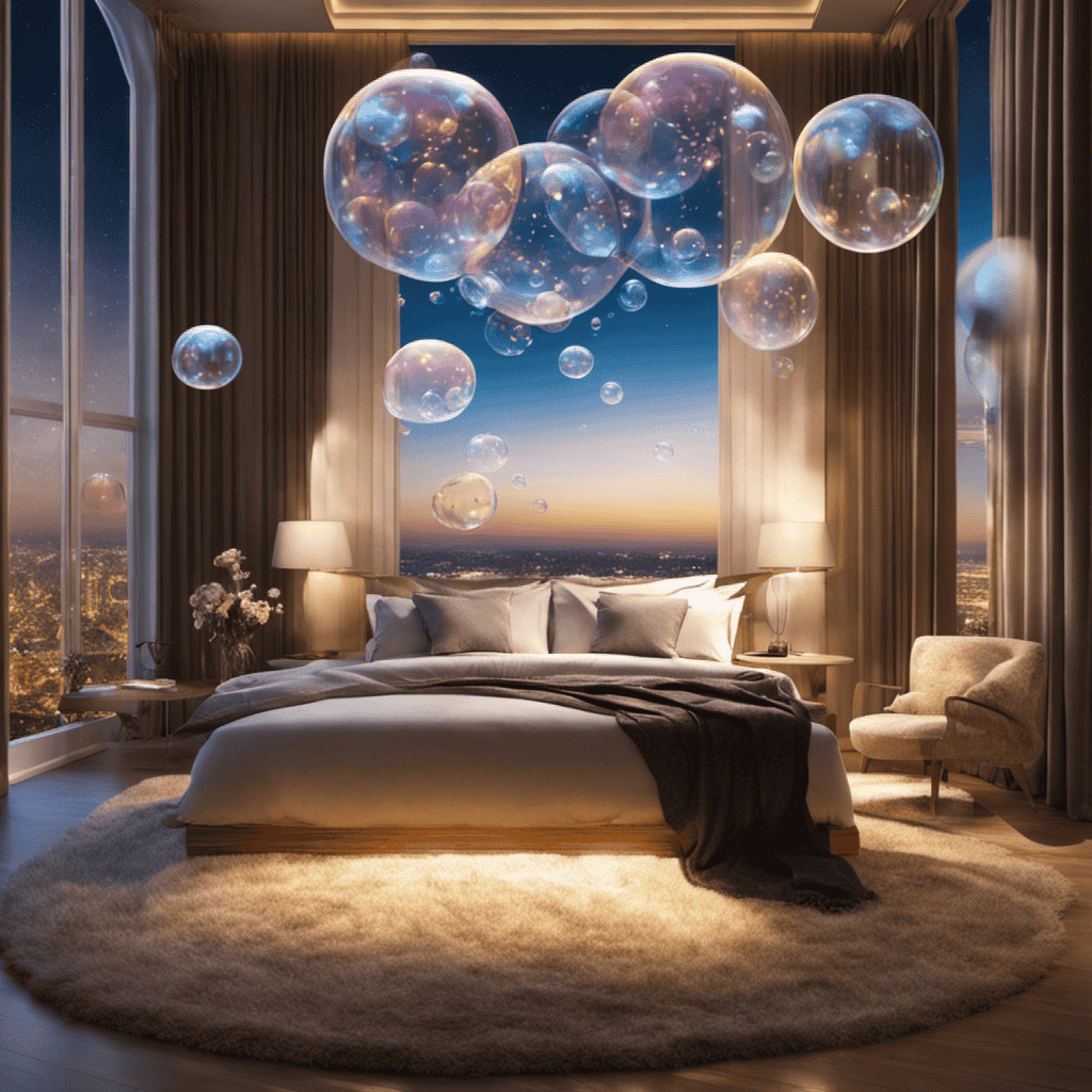 An image of a serene bedroom setting with a person sleeping peacefully, surrounded by floating dream bubbles