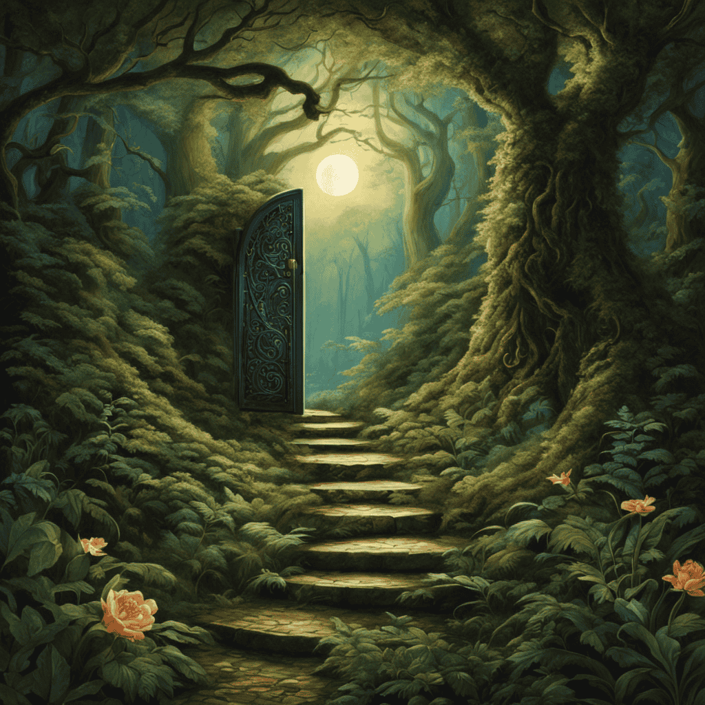 An image of a serene, moonlit forest with a winding path leading to a hidden door