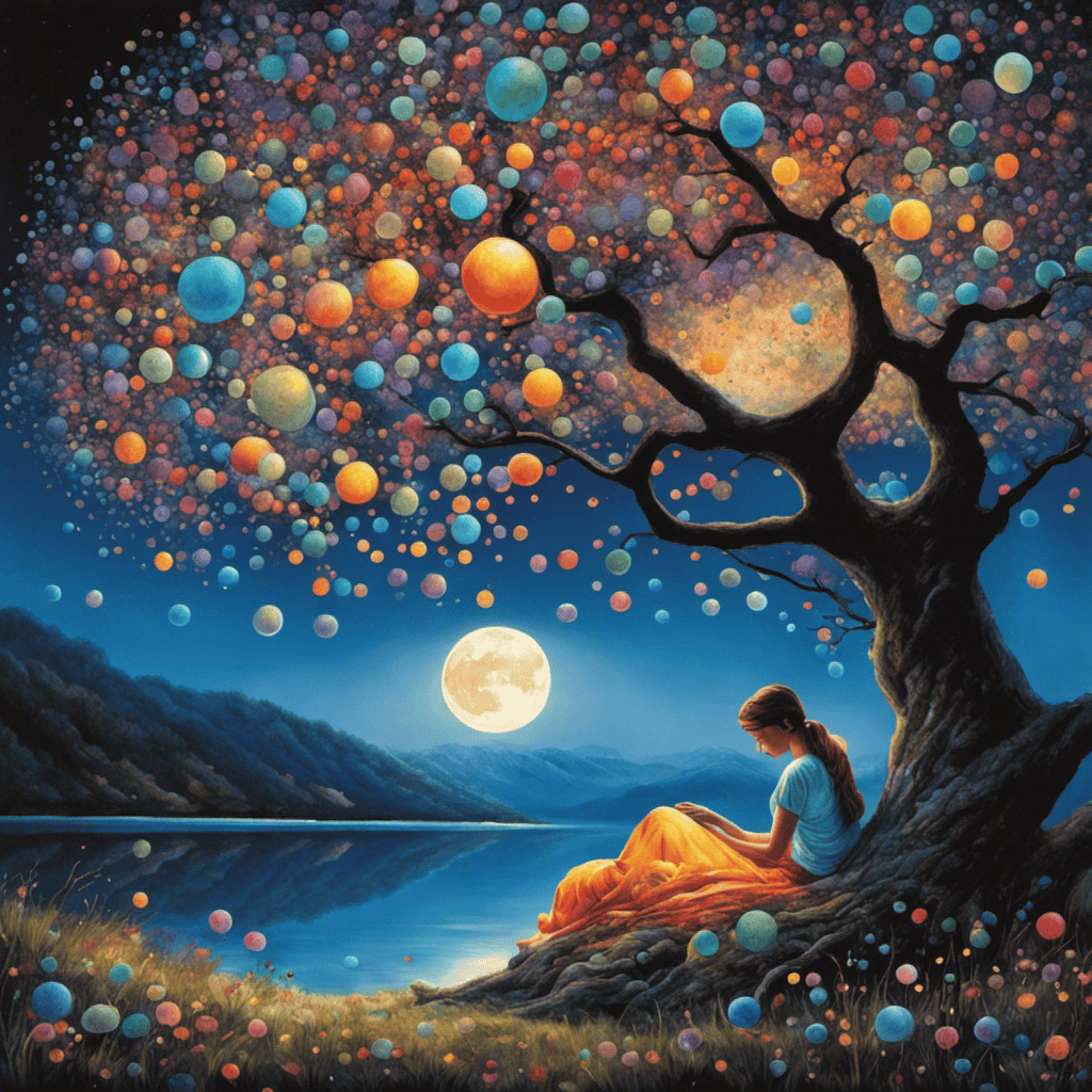An image of a serene, moonlit landscape with a sleeping figure nestled under a tree, surrounded by colorful dream bubbles in various sizes, each representing distinct emotions being processed