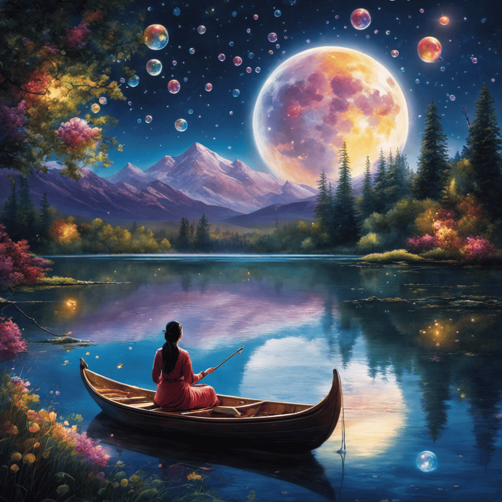 An image of a serene night scene, with a peaceful moonlit sky reflecting on a calm lake, where a person is peacefully sleeping, surrounded by floating colorful dream bubbles, symbolizing the link between dreams and mental health