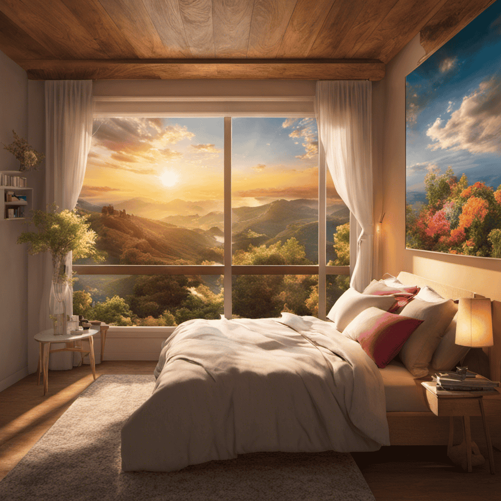 An image depicting a serene, sunlit bedroom where a person peacefully sleeps, surrounded by delicate clouds and colorful, vibrant dreams floating above, symbolizing the vital role dreams play in nurturing psychological well-being