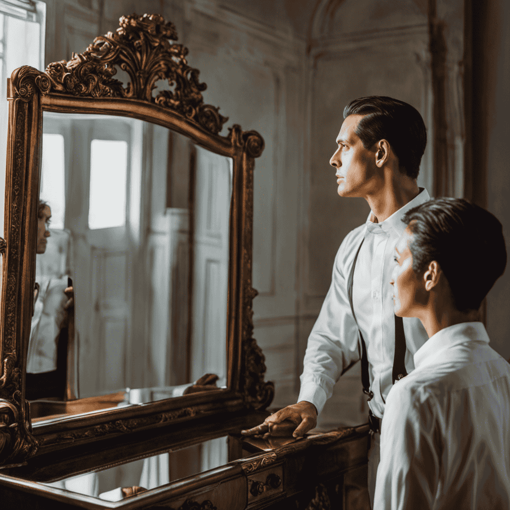  Create an image that portrays a person standing at the edge of a mirror, with the reflection showing their inner thoughts and emotions being guided and nurtured by a mentor or coach, symbolizing the transformative power of mentorship and coaching in enhancing self-awareness