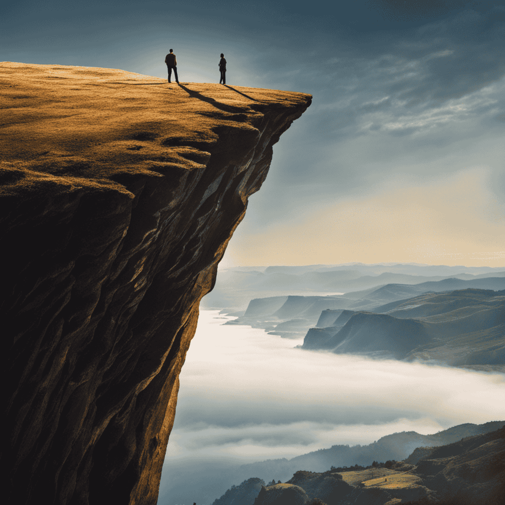 An image of a person standing at the edge of a cliff, looking out at a vast landscape