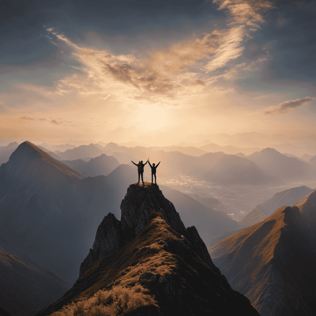 An image showcasing a person standing tall on a mountain peak, supported by a mentor or coach standing below, their outstretched arms symbolizing guidance and empowerment