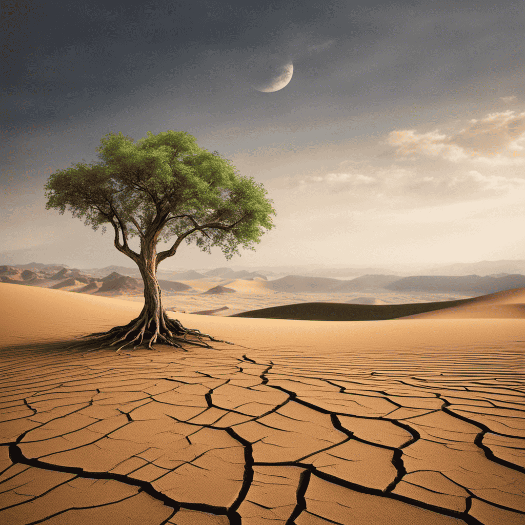 An image depicting a young sapling pushing through cracked desert ground, with a sturdy, weathered tree standing tall nearby, symbolizing the role of mentors and coaches in nurturing resilience and perseverance on the journey of personal growth