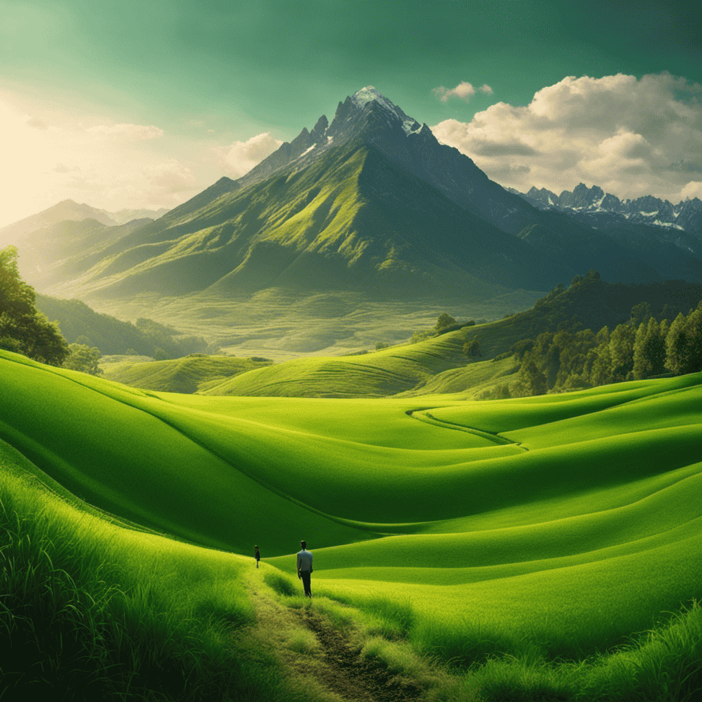 An image that portrays a person standing at the edge of a lush green field, with a mentor's hand gently guiding them towards a towering mountain range, symbolizing the transformative journey of personal growth through mentorship and coaching