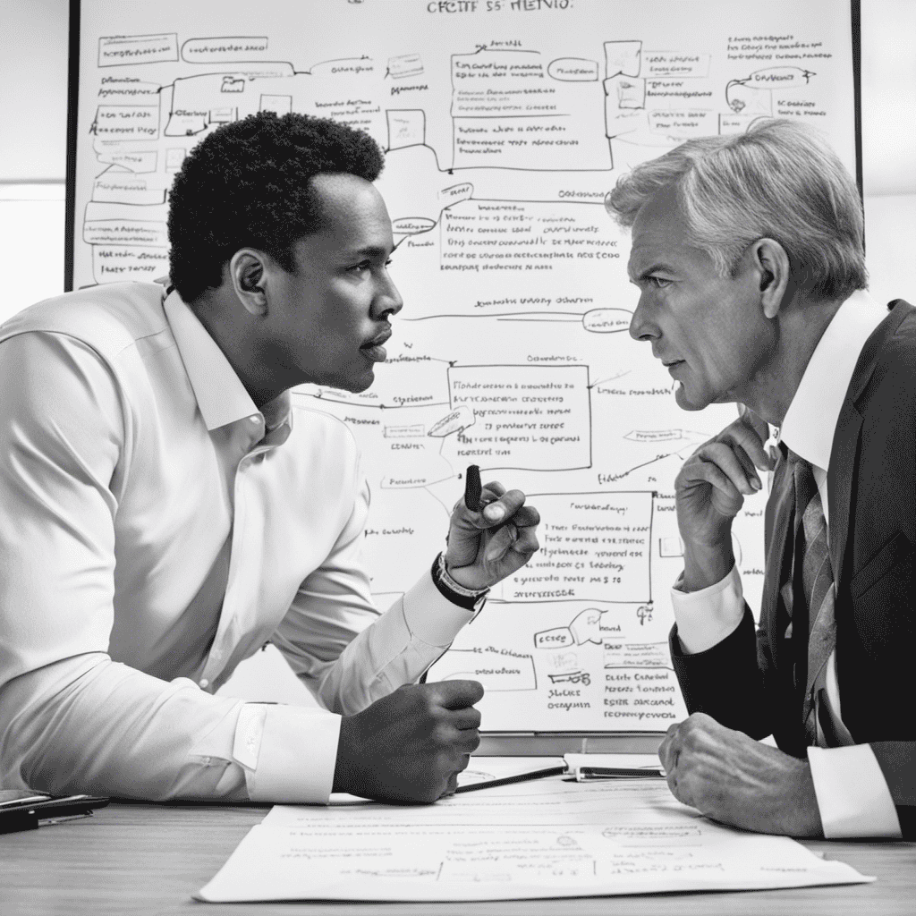 An image showcasing a person sitting with a mentor or coach, engaged in deep conversation, mapping out their goals on a whiteboard
