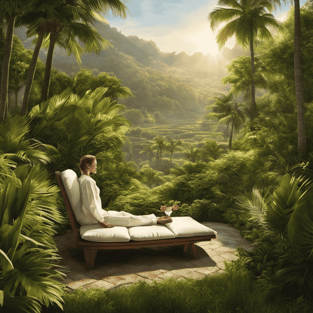 An image depicting a serene outdoor setting, showcasing a person sitting cross-legged on a cushion, eyes closed, palms facing up, surrounded by lush greenery and softly lit by sunlight