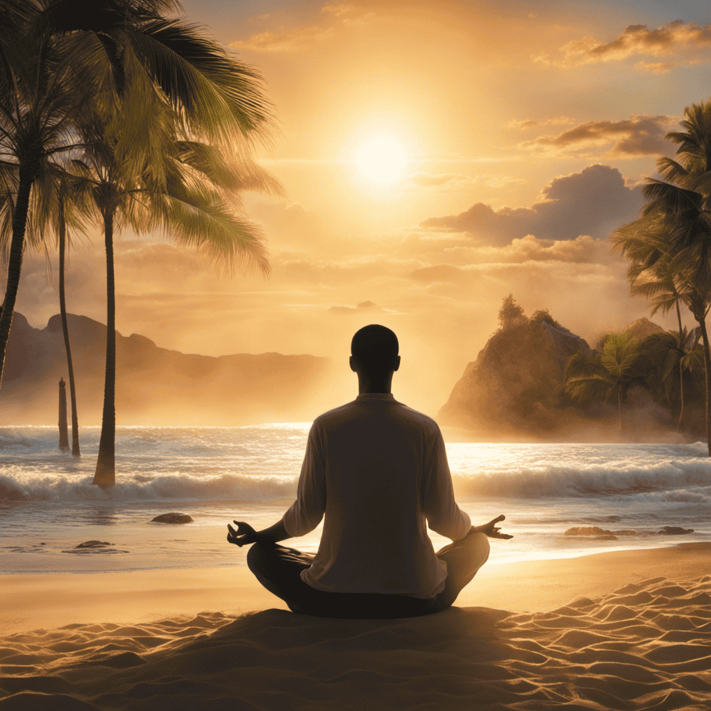 An image showcasing a serene beach scene, with a person sitting cross-legged, eyes closed, practicing mindfulness meditation