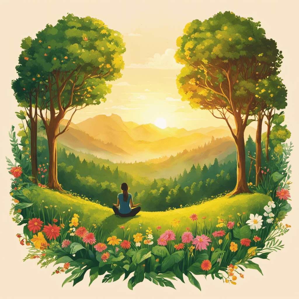 An image showcasing a serene forest scene, with a person sitting cross-legged on a lush green meadow, eyes closed, basking in the golden sunlight, surrounded by vibrant flowers, symbolizing the transformative power of mindfulness in alleviating stress